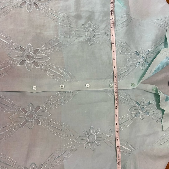 Shayan 100% Linen Vintage Mint Green Blouse, Floral Embroidery & Cut Outs, Large - Picture 7 of 10